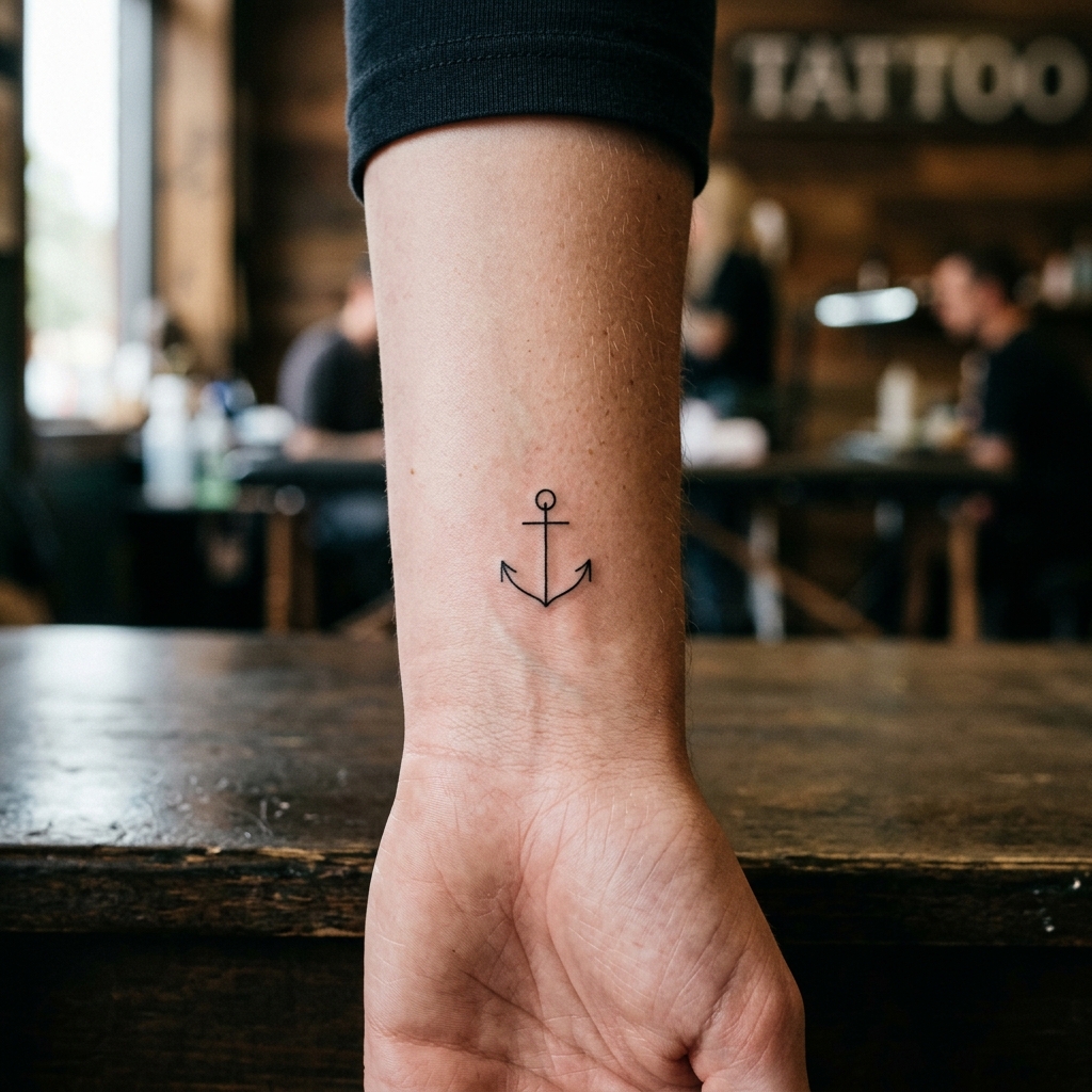 Minimal fine-line anchor tattoo on inner wrist by LyonTattoo Trivandrum