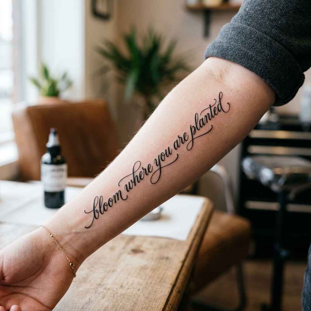Elegant cursive script lettering tattoo on forearm by LyonTattoo