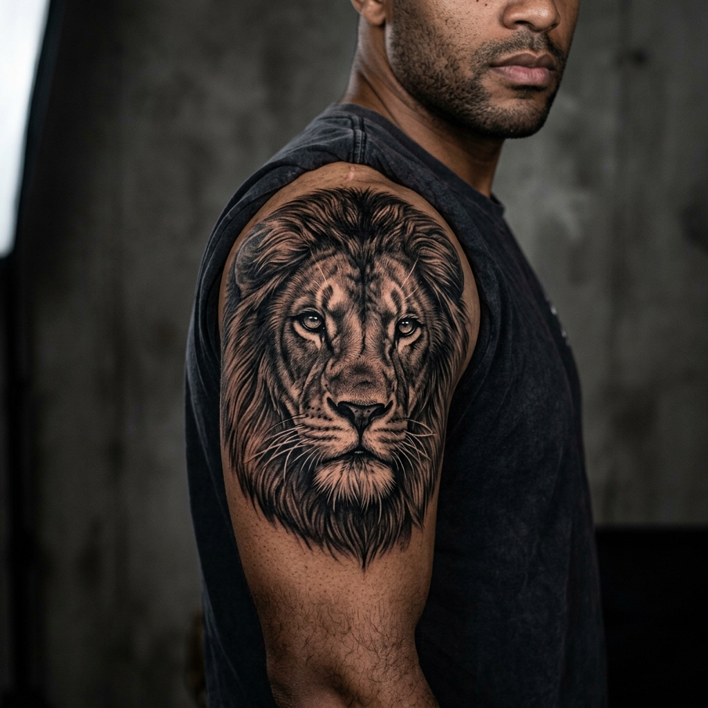 Realistic black and grey lion head tattoo on shoulder by LyonTattoo Trivandrum