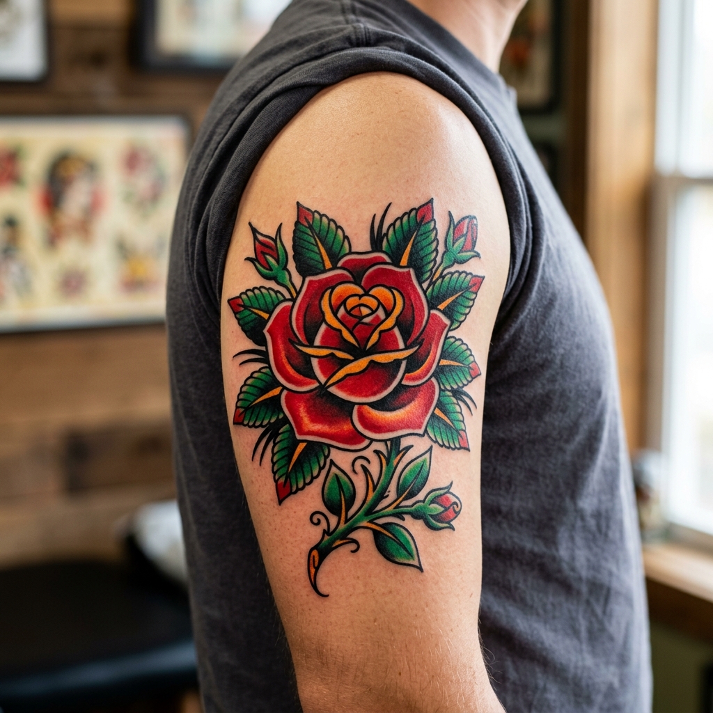 Traditional American style rose tattoo on upper arm by LyonTattoo