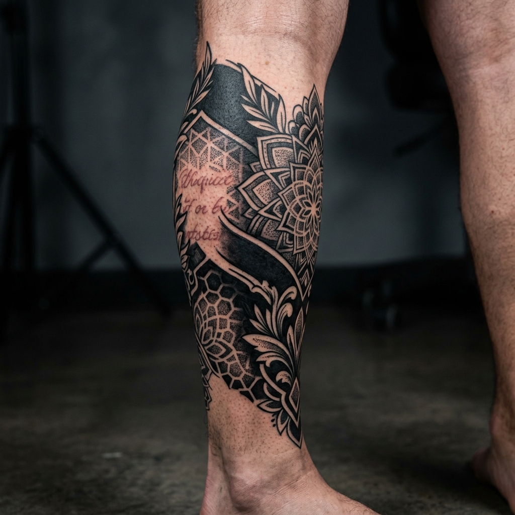 Blackwork geometric cover-up tattoo on calf by LyonTattoo
