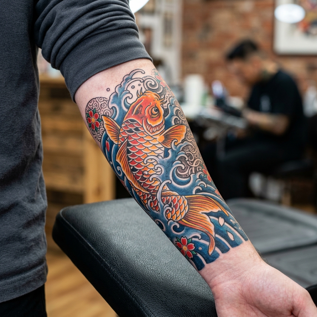 Colorful Japanese koi fish tattoo on forearm by LyonTattoo Trivandrum